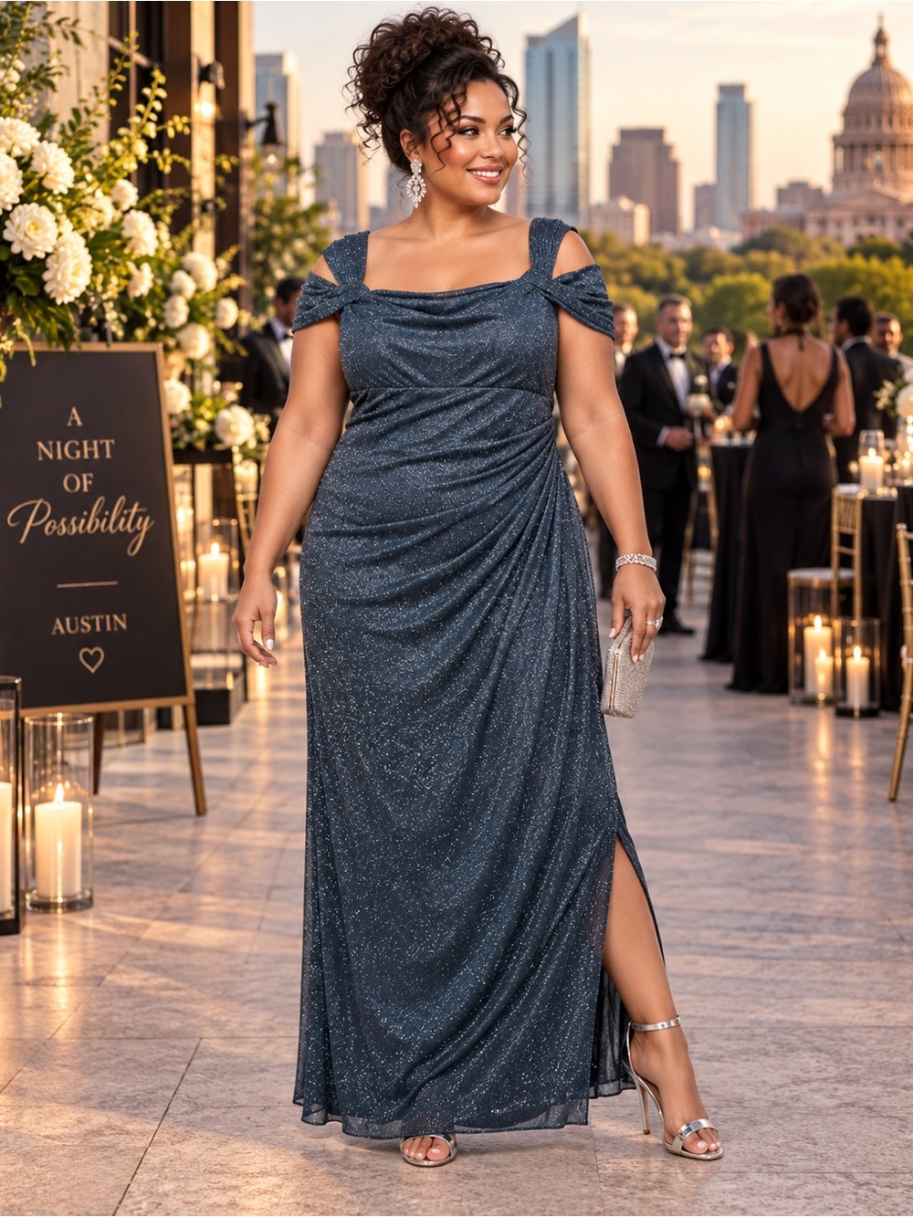 Alex Evenings Glitter Mesh Cold Shoulder Gala Gown 24W NWT Gray Formal